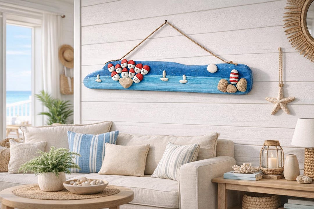 Handmade Driftwood Pebble Art, Coastal Beach House Wall Decor - Etsy