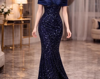 Vestido de sirena con lentejuelas azul marino, vestido de noche formal con hombros descubiertos, largo hasta el suelo para fiesta de graduación