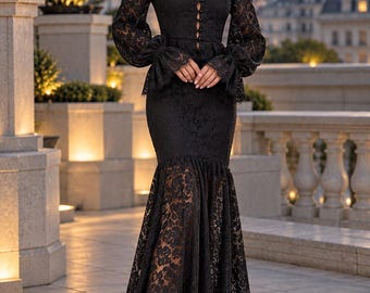 Black Lace Maxi Dress Set, Gothic Victorian Style, Long Sleeve Floral Lace, Evening Outfit