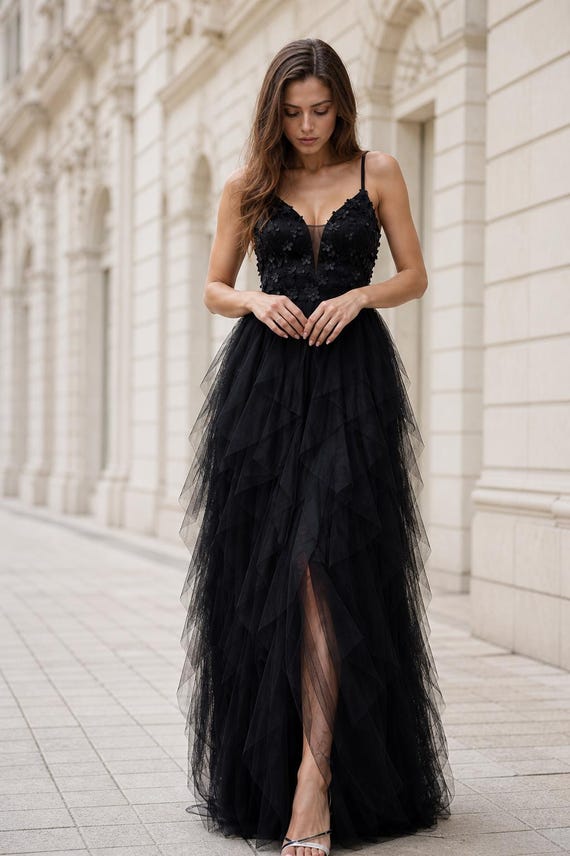Black Tulle Evening Gown, Spaghetti Strap A-Line Formal Dress, Fairycore Ball Gown