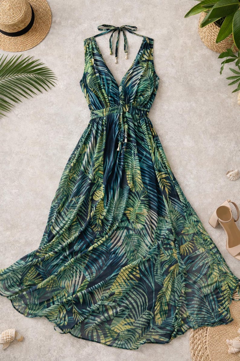 Puede incluir: Un vestido largo sin mangas con un escote en V profundo y un cierre de lazo estilo halter en el cuello. El vestido est&aacute; hecho de una tela ligera con un estampado integral de hojas de palmera en verde oscuro, verde claro y amarillo.