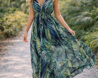 Tropical Leaf Chiffon Maxi Dress, Boho V-Neck Sleeveless Beach Resort Wear