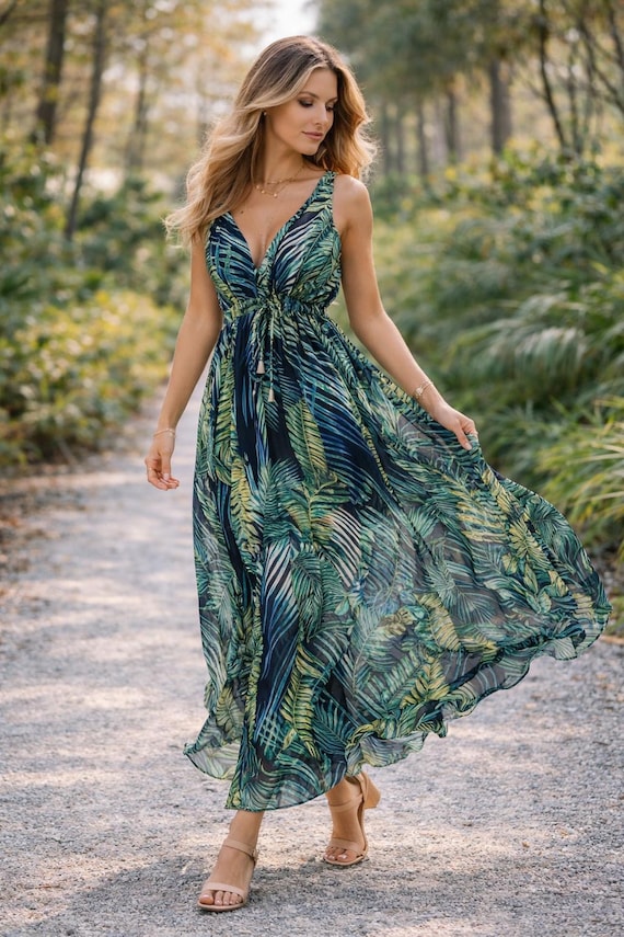 boho chiffon maxi dress Tropical Leaf Dress, V-neck Sleeveless Beach Resort Wear Black Woven Contrast Pleated not_new arrivals Pay With:$44.00 (Silkroll Fee: $1.10)