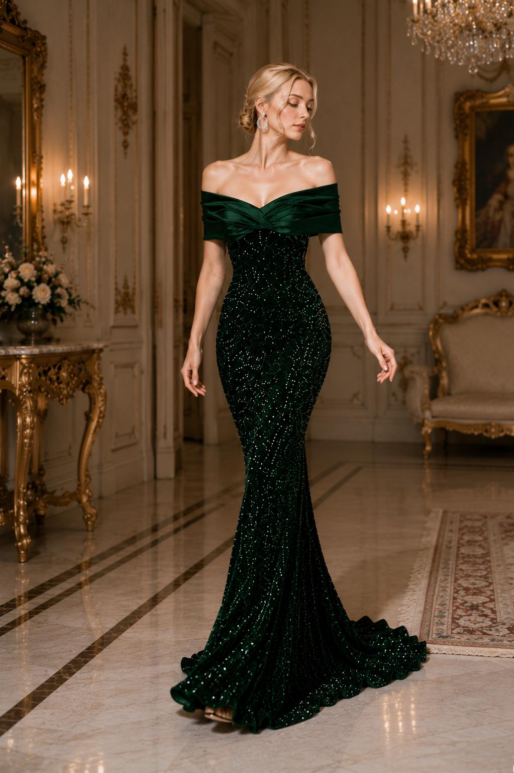 off the shoulder dark green dress Dark Green Satin V-neck Prom Long Dresses Off Shoulder Evening Gowns Beaded Sashes