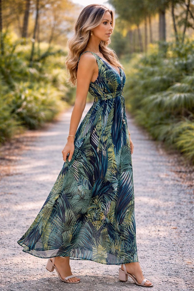 Vestido largo de gasa con estampado de hojas tropicales, estilo bohemio con escote en V y sin mangas, ideal para la playa o resort. imagen 7