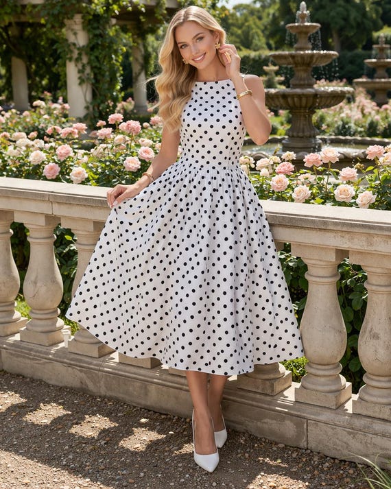 a line summer dress midi White Polka Dot Dress, Vintage Inspired Sleeveless A-Line Garden Party Elaine Chiffon Beaded Maxi royal wedding dress line silhouette Size:30W