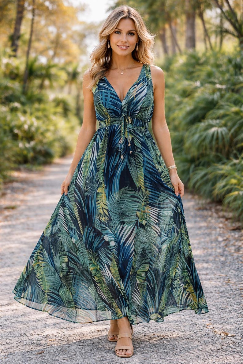 Puede incluir: Un vestido largo sin mangas con estampado de hojas tropicales en tonos azules, verdes y blancos. El vestido tiene un escote en V y un lazo en la cintura. La modelo lleva sandalias beige.