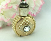 Vintage Jeweled Rhinestone Brass Perfume Bottle Miniature Faux Pearls