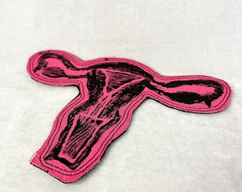 Anatomical Uterus Patch Block Printed, Iron or Sew Large Size Patch For Jacket, Feminist Gift For Her, Womb and Ovaries, Printmaking