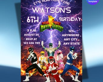 パワーレンジャー誕生日招待状 | 忍者招待状 | 印刷可能なレンジャー招待状 | 編集可能なCanvaテンプレート 即時ダウンロード | パワーレンジャー招待状