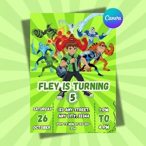May include: Green birthday invitation featuring cartoon characters and the text "Fley is turning 5". The invitation includes the date, time, and location details. A Canva logo is in the upper right corner.