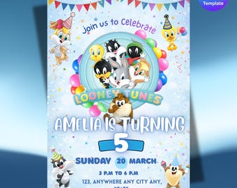 ルーニー・テューンズ テーマの誕生日招待状 | 印刷可能なCanvaカード | お子様へのギフトアイデア | デジタル誕生日招待状 | すぐにダウンロード