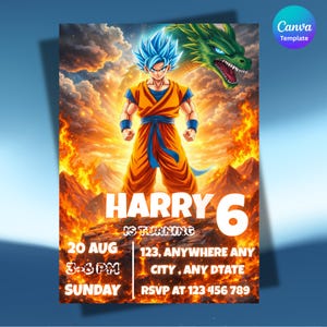May include: A vibrant birthday invitation featuring a character with blue hair and orange attire, set against a fiery background. The invitation reads "HARRY 6" with event details, including date, time, and RSVP information.