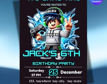 Roblox招待状 | Roblox招待 | ゲームパーティー | Roblox男の子誕生日招待状テンプレート | ゲーム誕生日 | キッズRoblox、編集可能なテンプレート | Canva