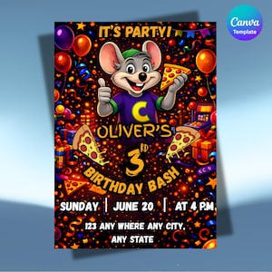 Puede incluir: Una vibrante invitación de fiesta de cumpleaños con un ratón de dibujos animados sosteniendo pizza. La invitación incluye el texto "IT'S PARTY!" y detalles para la fiesta de cumpleaños número 3 de Oliver, incluyendo la fecha, hora y lugar.