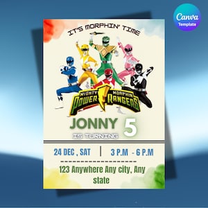 Puede incluir: Una invitación de cumpleaños con los Power Rangers Mighty Morphin. La invitación incluye el texto "It's Morphin' Time" y "Jonny 5 is turning". También se incluye la fecha y la hora.