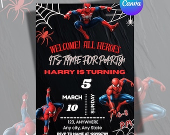 スパイダーマンの誕生日招待状（編集可能）、スパイダーマンのスーパーヒーローパーティー招待状（男の子向け）、スパイダーマンのCanvaテンプレート、印刷可能な子供用カード、デジタルダウンロード