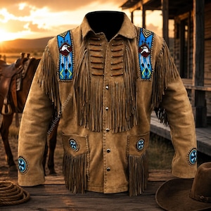 Western Cowboy Suede Fringe Leather Jacket, Mens Vintage Handmade Beaded Jacket, Custom Native American Western Rodeo Style equestrian Coat