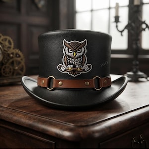 May include: A black top hat featuring a brown leather band with gold-toned metal rings and studs. An embroidered patch of a brown and white owl perched on a branch is centered on the front of the hat. The hat has a structured crown and a curved brim.