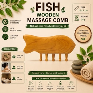 May include: A light brown wooden massage comb shaped like a fish with five rounded teeth. The comb measures 12 x 7 cm and weighs 38 g. Text on the image includes FISH WOODEN MASSAGE COMB, A GIFT FOR HEALTH FROM NATURE, and care instructions.