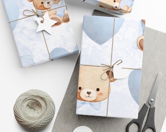 Watercolor Bear Wrapping Paper | Baby Boy Shower Gift Wrap
