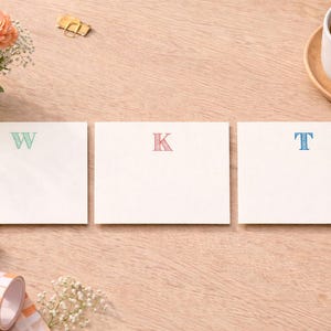 May include: Three white square notecards, each with a single initial in a different color: green "W", red "K", and blue "T". The cards are arranged on a light wood surface, alongside a cup of coffee, flowers, and stationery.