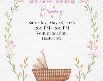 Pink Floral Baby Shower Invitation | Girl, Editable Canva Template (Digital Download)
