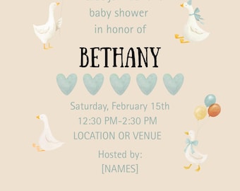 Goose Baby Shower Invitation | Neutral Blue, Canva Template (Digital Download)
