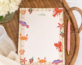 Bloc de notas con motivos de mariscos costeros / Bloc de notas playero de 5x7 pulgadas / Papelería con motivos de langosta, cangrejo y pescado / Bloc de escritorio de verano / Regalo para casas de campo costeras / Artículos de papelería de estilo preppy