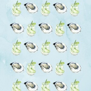 May include: Watercolor illustration of oysters and cocktails on a light blue background. The image features multiple oysters with a gray and white shell, and cocktails with cucumber and lime garnishes.