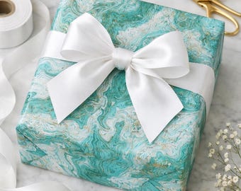 Teal Marble Wrapping Paper | Aqua & Gold Flecks, Elegant Gift Wrap
