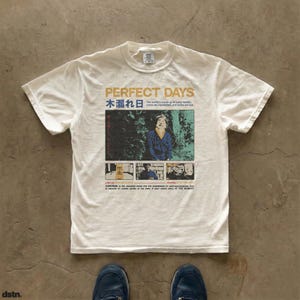 Perfect Days movie t-shirt featuring Japanese typography, komorebi quote, Wim Wenders film poster design, Koji Yakusho artwork, indie cinema graphic tee, minimalist Japanese aesthetic, unisex streetwear. Printed on the Comfort Colors 1717.
