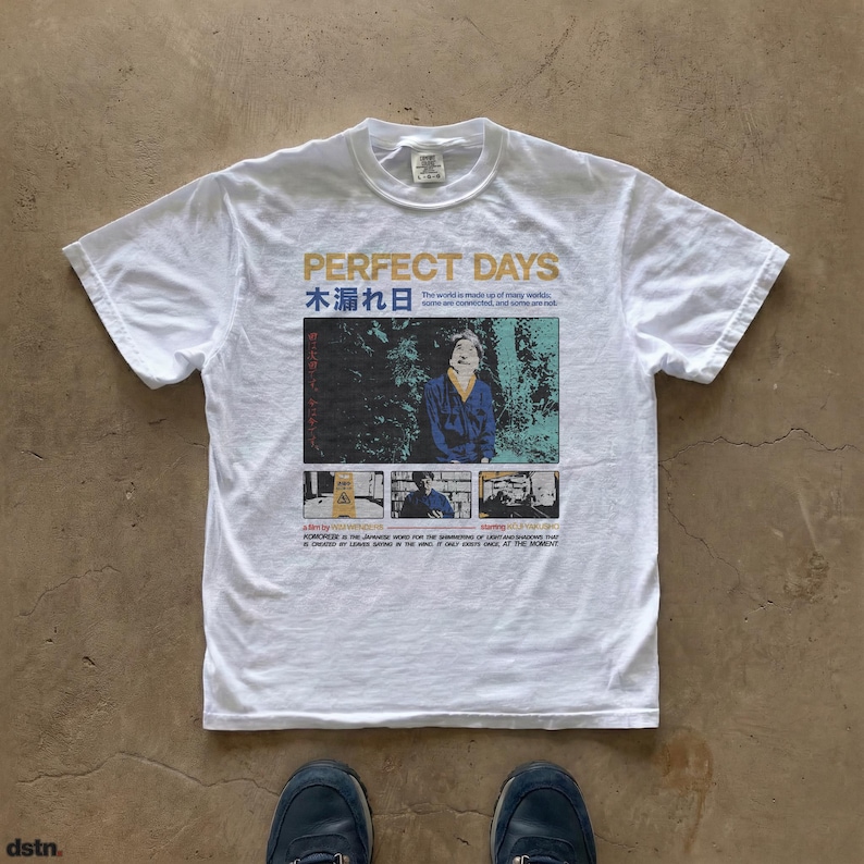 Perfect Days movie t-shirt featuring Japanese typography, komorebi quote, Wim Wenders film poster design, Koji Yakusho artwork, indie cinema graphic tee, minimalist Japanese aesthetic, unisex streetwear. Printed on the Comfort Colors 1717.