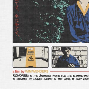 May include: Poster for a film by Wim Wenders, featuring a man in a blue shirt and Japanese text. The poster includes a yellow caution sign and the text "KOMOREBI: IS THE JAPANESE WORD FOR THE SHIMMERING".