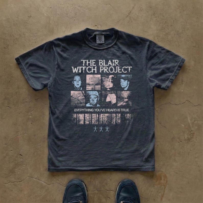 Vintage horror movie t-shirt inspired by The Blair Witch Project, found footage horror graphic design, distressed retro print, unisex Comfort Colors 1717 shirt, cult horror film fan apparel.