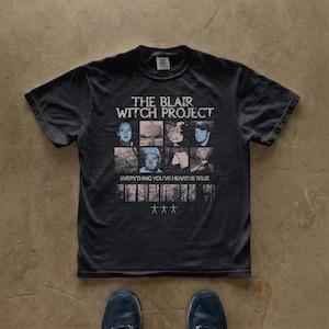 Vintage horror movie t-shirt inspired by The Blair Witch Project, found footage horror graphic design, distressed retro print, unisex Comfort Colors 1717 shirt, cult horror film fan apparel.