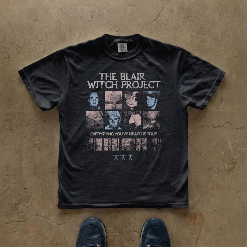 Vintage horror movie t-shirt inspired by The Blair Witch Project, found footage horror graphic design, distressed retro print, unisex Comfort Colors 1717 shirt, cult horror film fan apparel.