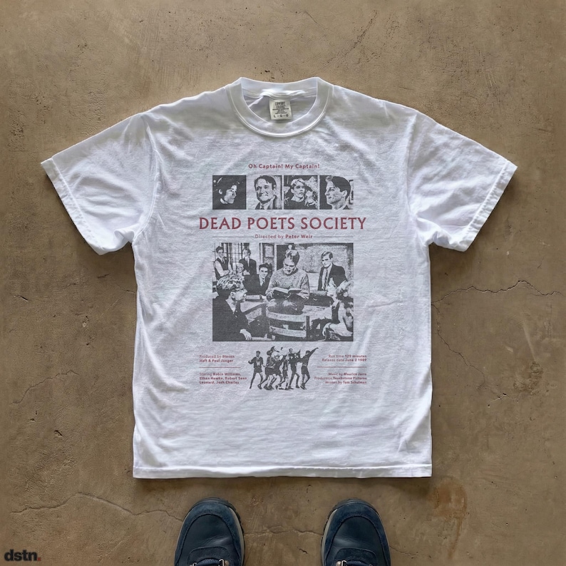 Dead Poets Society vintage movie graphic t-shirt printed on Comfort Colors 1717 heavyweight cotton, classic cinema film inspired design for movie lovers.