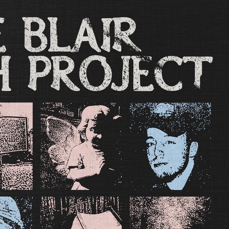 Puede incluir: Fondo negro con el texto blanco "THE BLAIR PROJECT" en una fuente desgastada. Debajo, varias im&aacute;genes cuadradas con diversas ilustraciones, incluyendo una estatua de &aacute;ngel y un retrato de una persona.