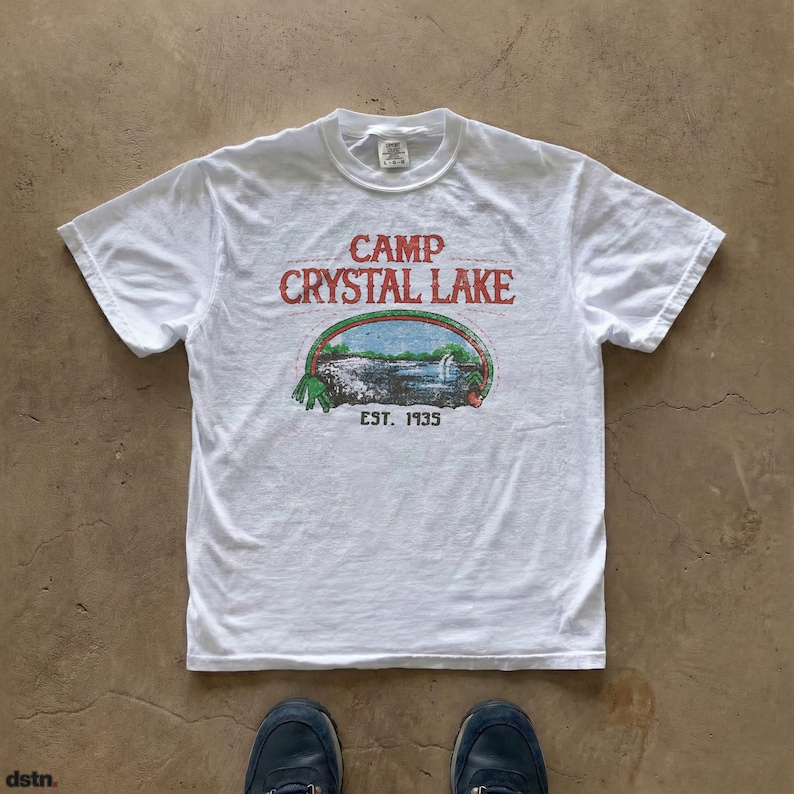 Friday the 13th inspired Camp Crystal Lake t-shirt, vintage horror camp graphic tee, slasher movie shirt, retro lake artwork, Jason Voorhees fan gift. Printed on the Comfort Colors 1717.