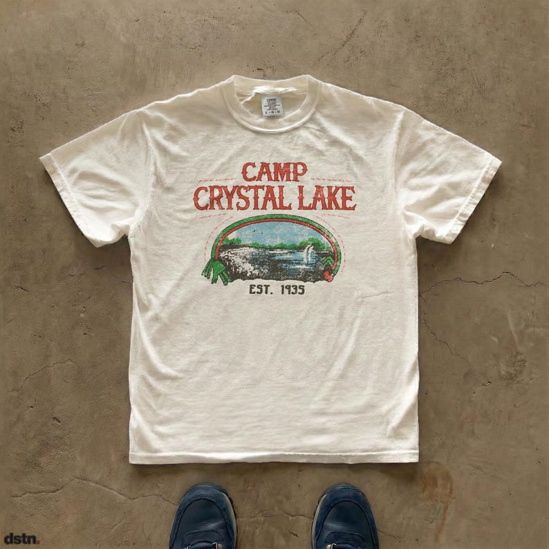 Friday the 13th inspired Camp Crystal Lake t-shirt, vintage horror camp graphic tee, slasher movie shirt, retro lake artwork, Jason Voorhees fan gift. Printed on the Comfort Colors 1717.