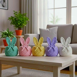 Può includere: Cinque cestini a forma di coniglietto all'uncinetto colorati in verde acqua, rosa, giallo, viola e bianco su un tavolo di legno. Ogni cestino ha orecchie alte e dritte e un fiocco. Decorazioni pasquali o primaverili.