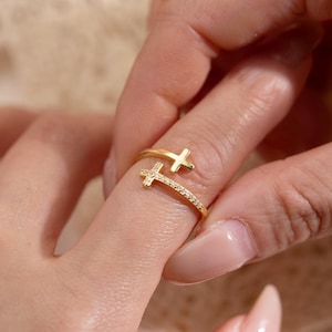 18K Gold verstellbarer Kreuz Ring, 925 Sterling Silber Diamant Kreuz Ring, 2 Kreuz religiöser Schmuck, Muttertagsgeschenk, christliches Geschenk für sie