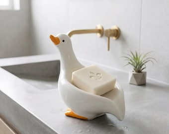 Adorable Ceramic Duck Soap Dish White Glazed Holder Bathroom Sink Decor Farmhouse Gift