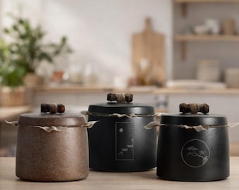 Rustic Tea Canister with Bamboo Lid, Ceramic Kitchen Storage Jar