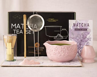 Cherry Blossom Matcha Bowl Set – Floral Ceramic Tea Bowl with Whisk Accessories