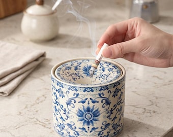 Ceramic Ashtray with Lid Vintage Floral Porcelain Ash Holder, Decorative Smoking Tray