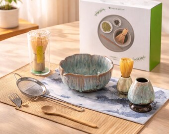 Ceramic Lotus Matcha Set, 8-Piece Traditional Style Tea Collection