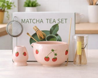 Ceramic Strawberry Matcha Tea and Bowl Set, Cottagecore Style Tea Gift
