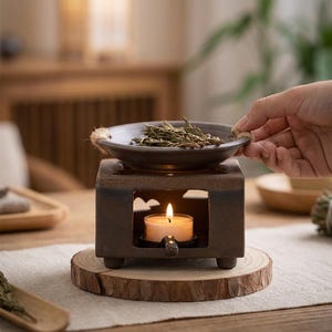 Op de afbeelding: Een bruine keramische etherische olieverspreider met een brandende kaars erin. De verspreider heeft een klein schaaltje bovenop met gedroogde kruiden en staat op een houten schijf. Een hand reikt naar de schaal.